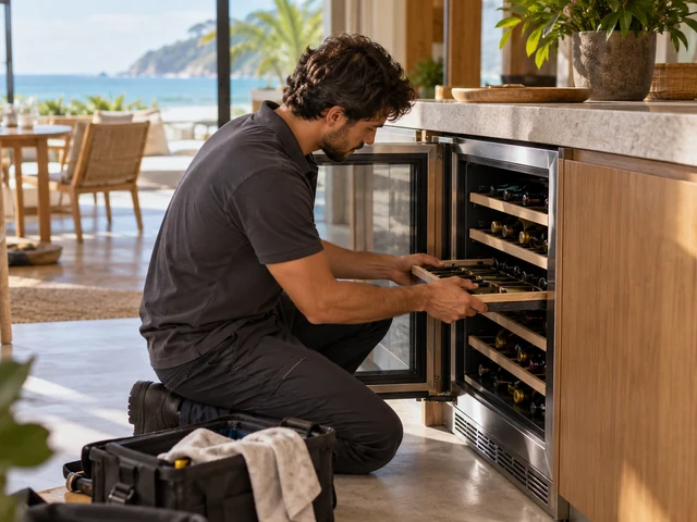 Técnico revisando adega climatizada em casa de praia