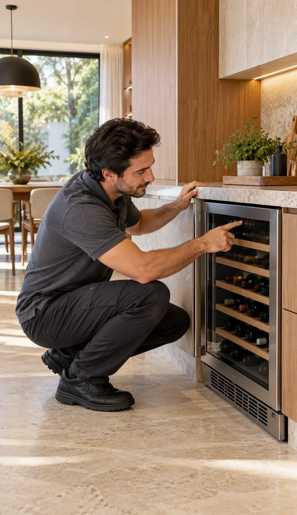 Técnico conferindo o painel de temperatura de uma adega Elettromec de embutir