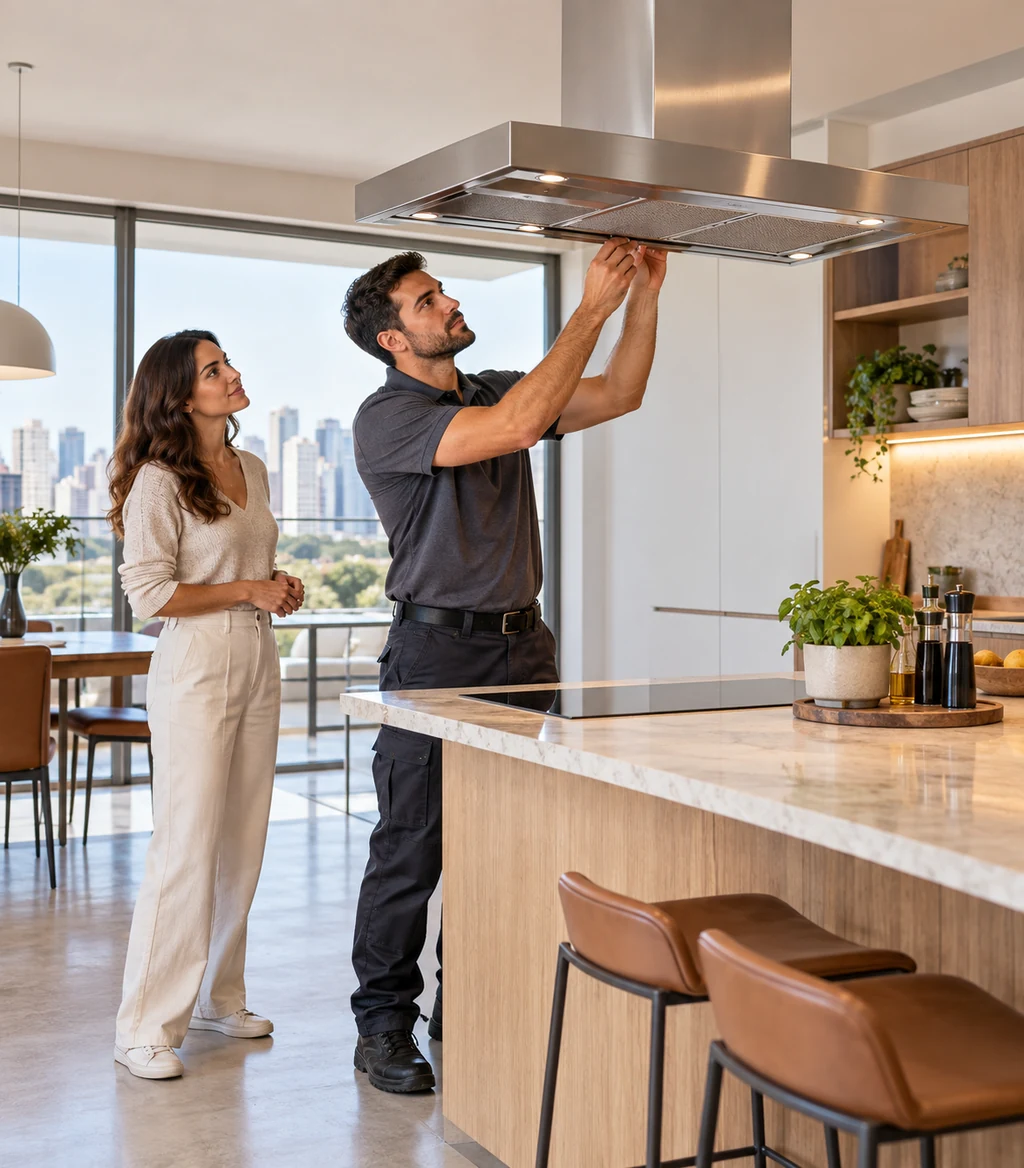 Técnico avaliando coifa em cozinha de apartamento