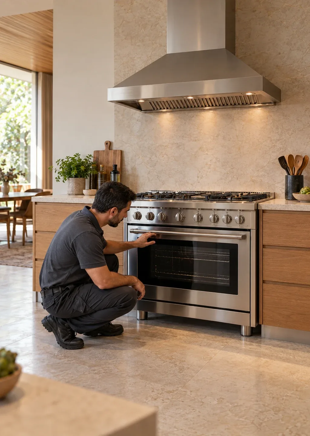 Técnico avaliando fogão em cozinha residencial