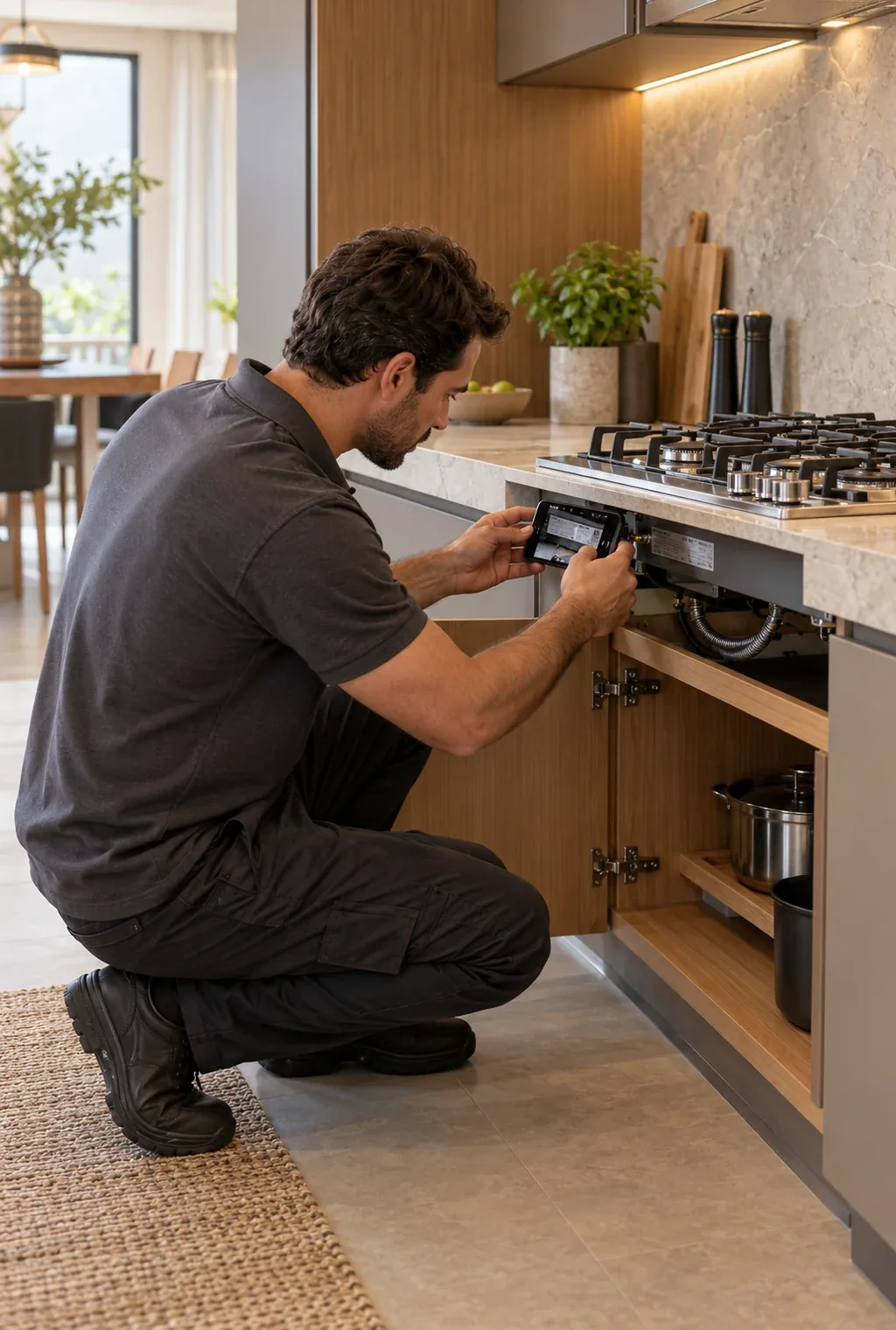 Técnico conferindo o número do modelo na etiqueta de um cooktop Fulgor Milano