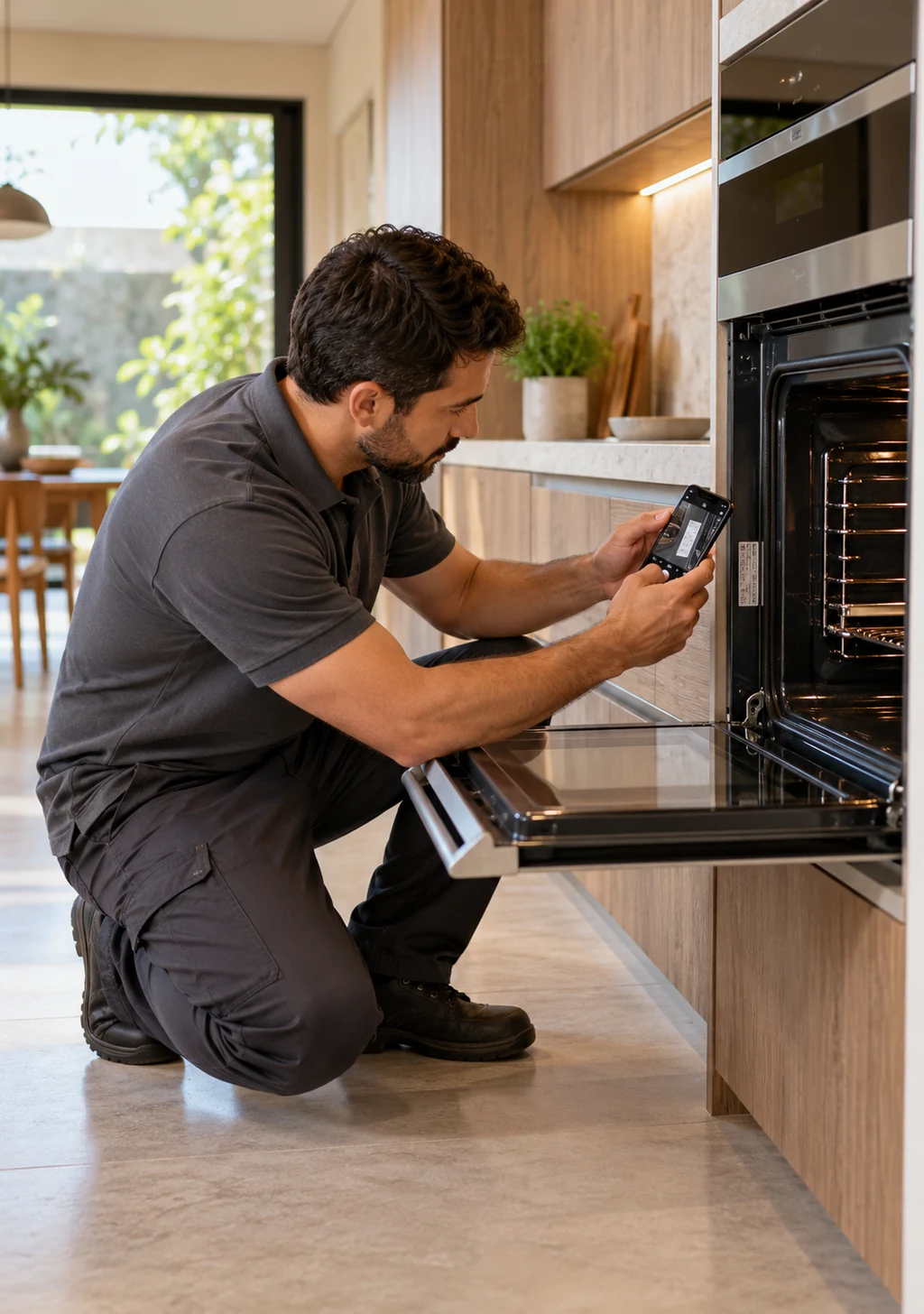 Técnico conferindo o número do modelo na etiqueta de um forno de embutir Fulgor Milano