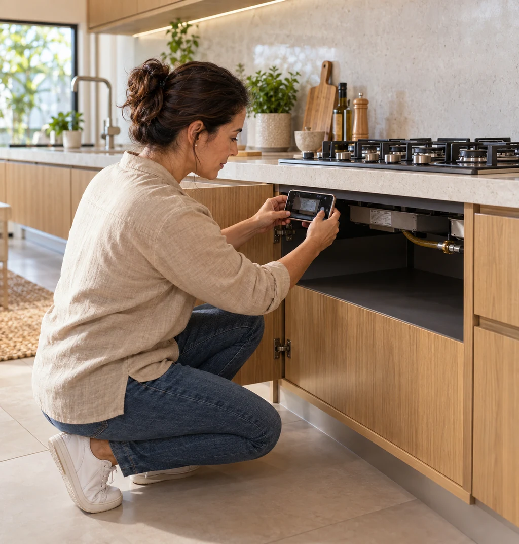 Etiqueta com o número de série embaixo da mesa de um cooktop Invita de embutir