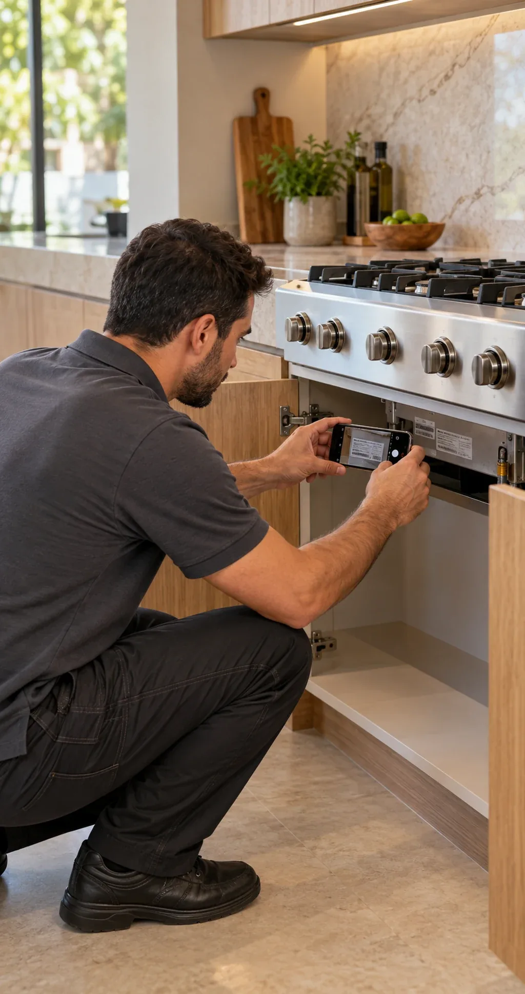 Técnico conferindo o número do modelo na etiqueta de um cooktop Viking