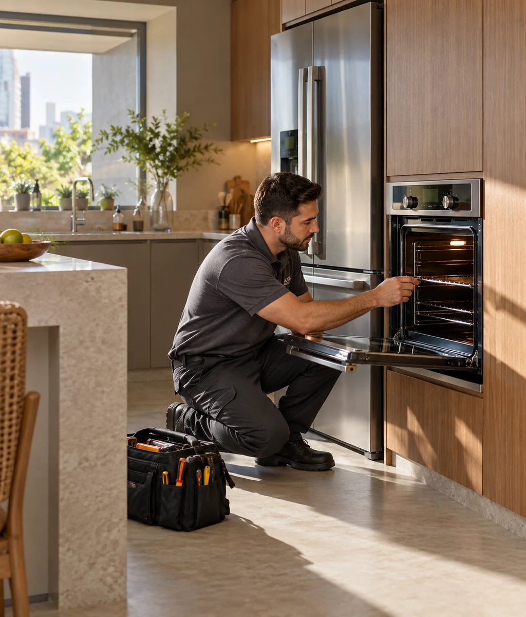 Técnico avaliando forno de embutir em cozinha residencial