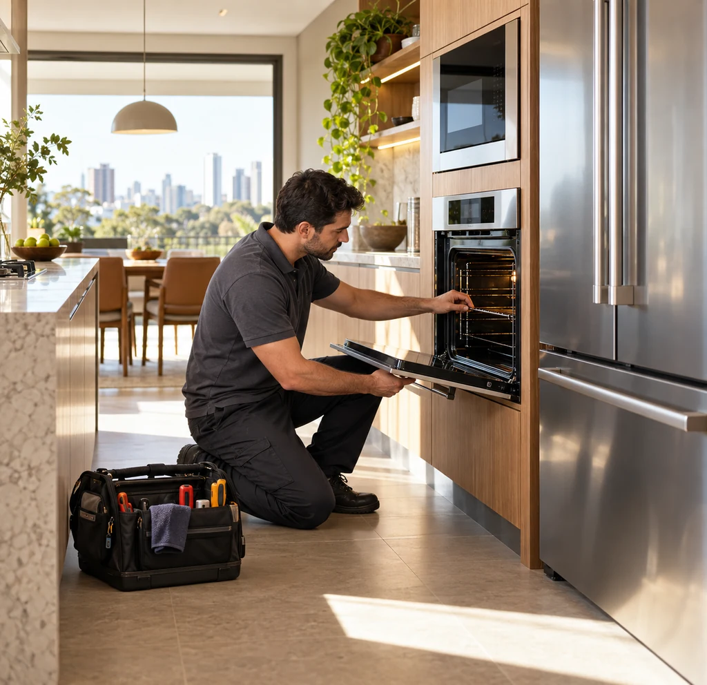 Técnico avaliando forno de embutir em cozinha residencial