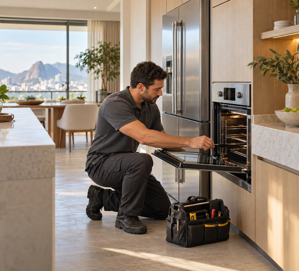 Técnico avaliando forno de embutir em cozinha residencial