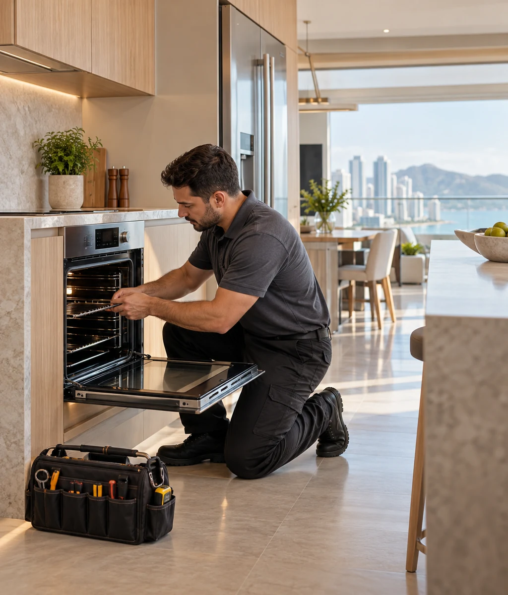 Técnico avaliando forno de embutir em cozinha residencial