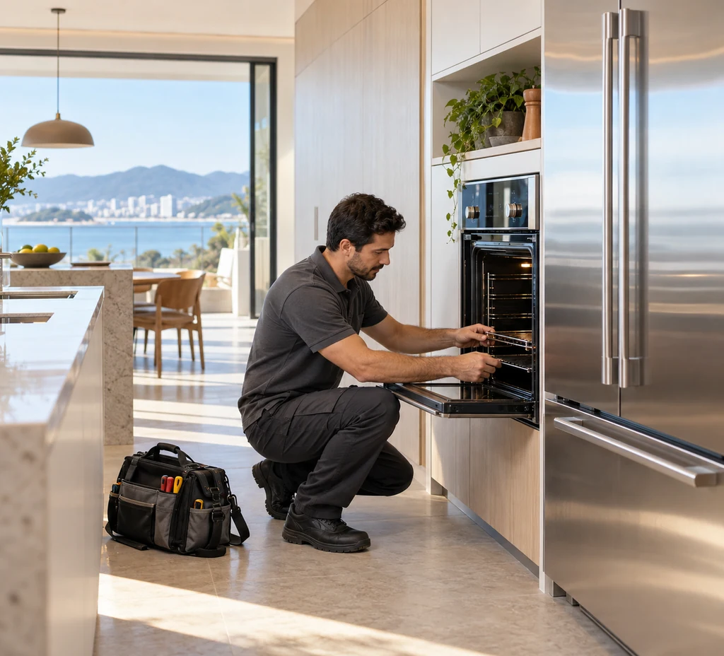 Técnico avaliando forno de embutir em cozinha residencial