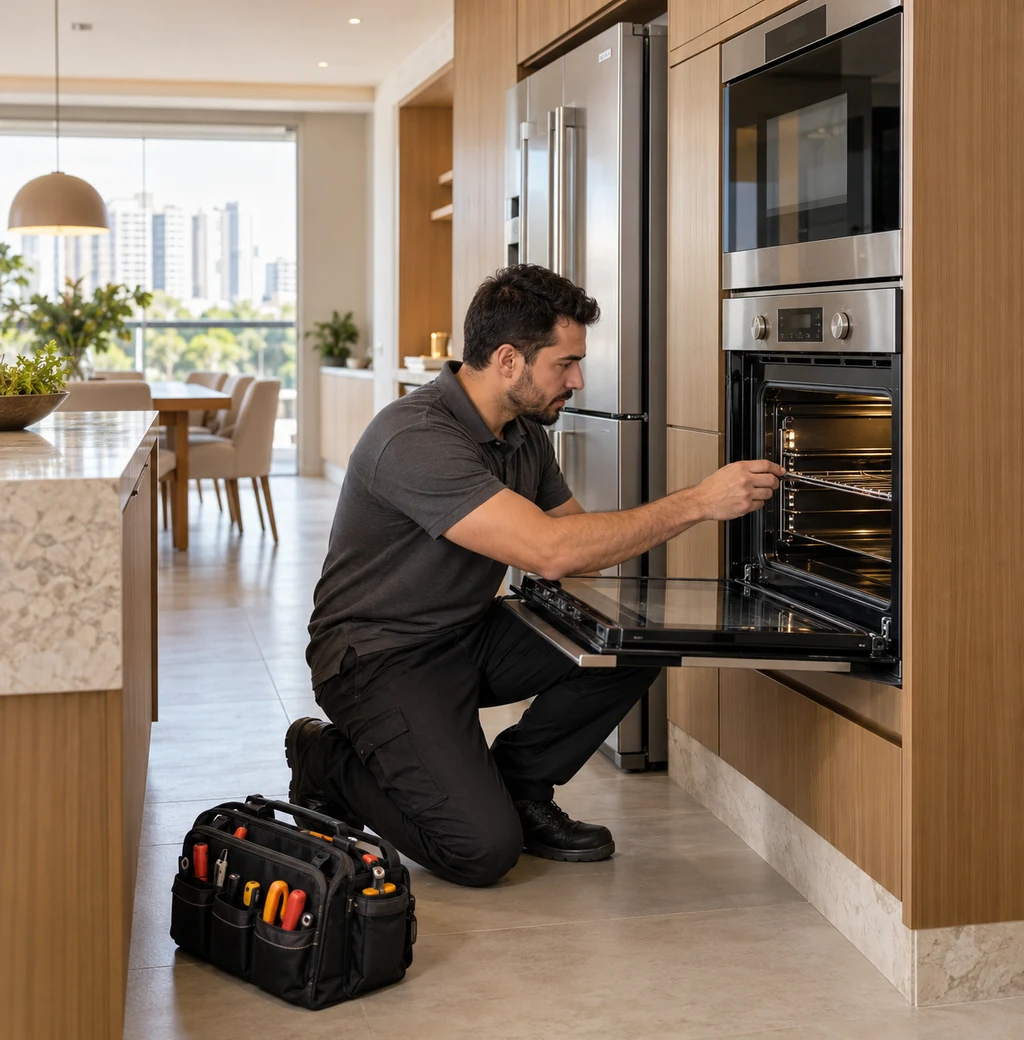 Técnico avaliando forno de embutir em cozinha residencial