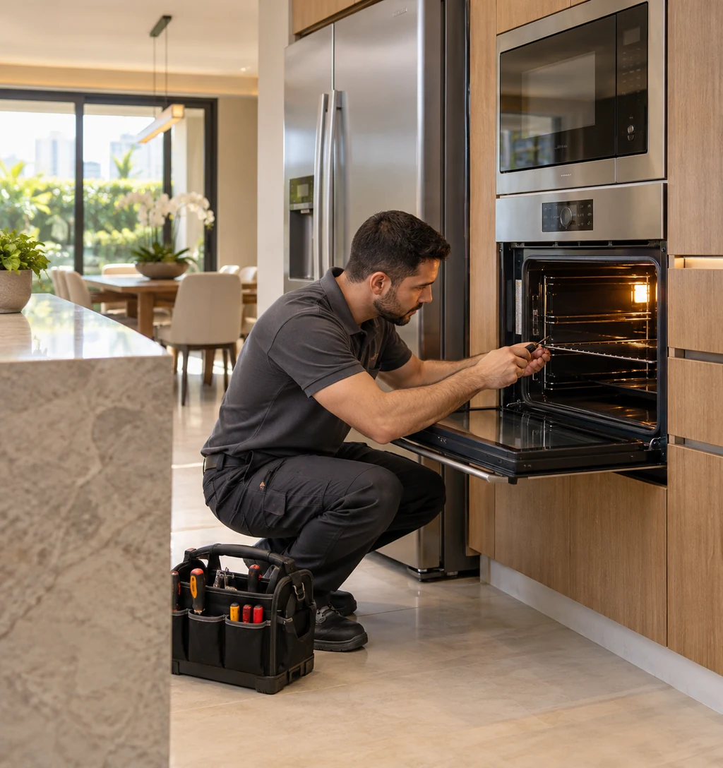 Técnico avaliando forno de embutir em cozinha residencial