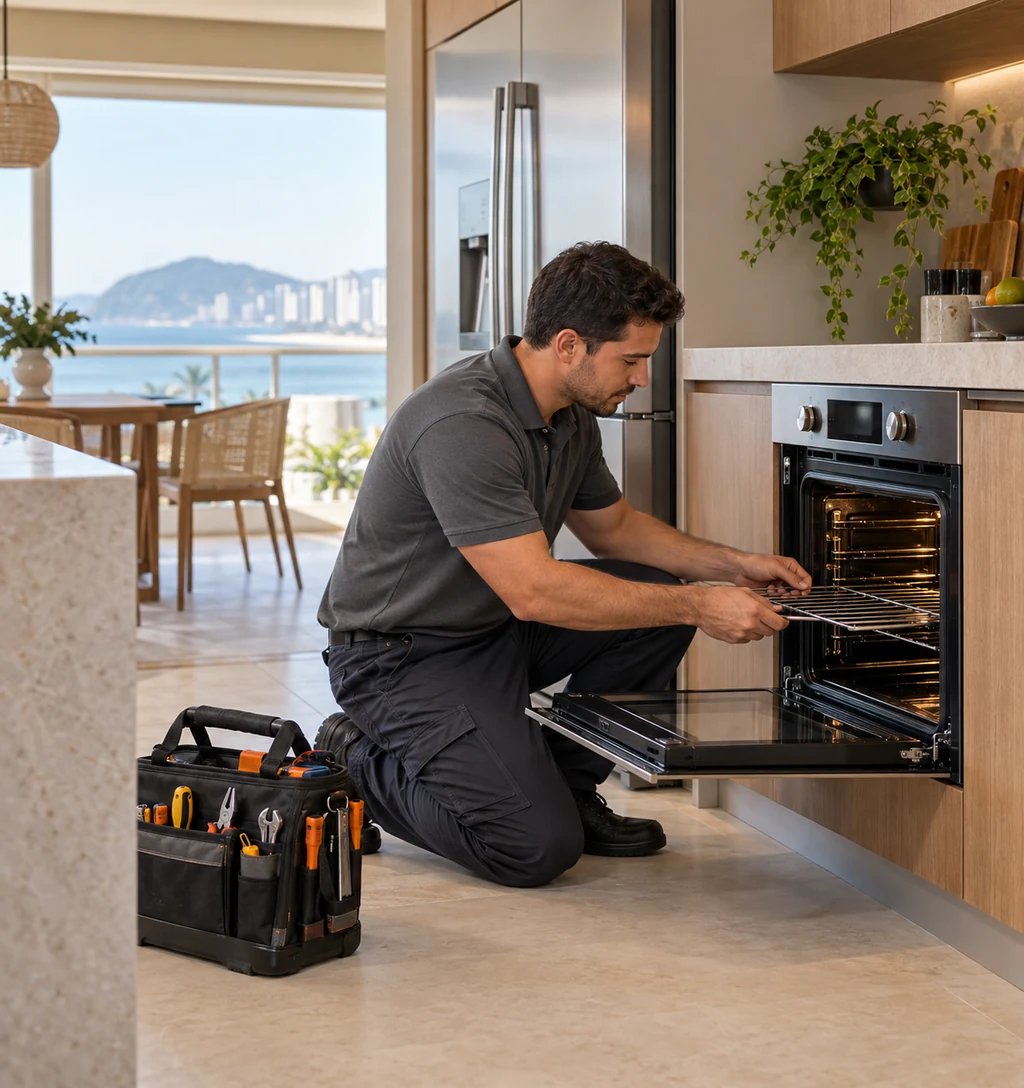 Técnico avaliando forno de embutir em cozinha residencial