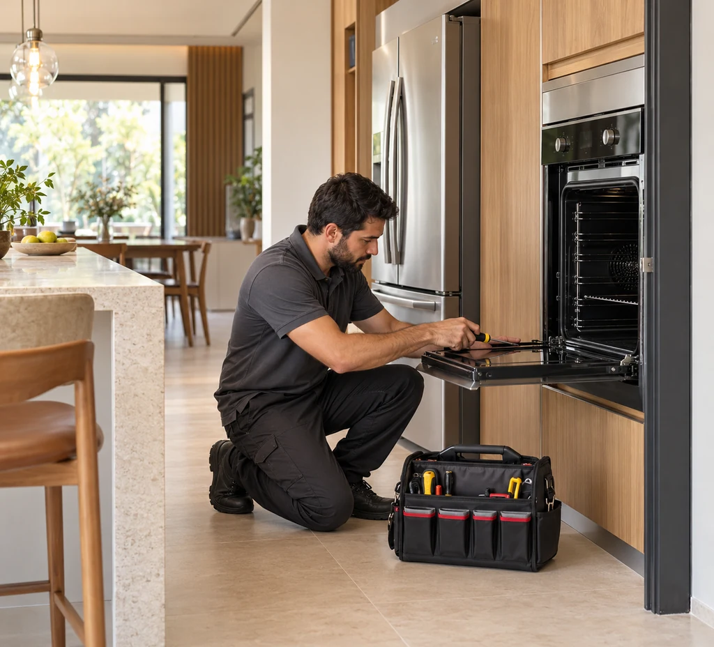 Técnico avaliando forno de embutir em cozinha residencial