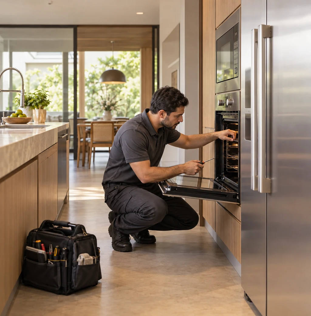 Técnico avaliando forno de embutir em cozinha residencial