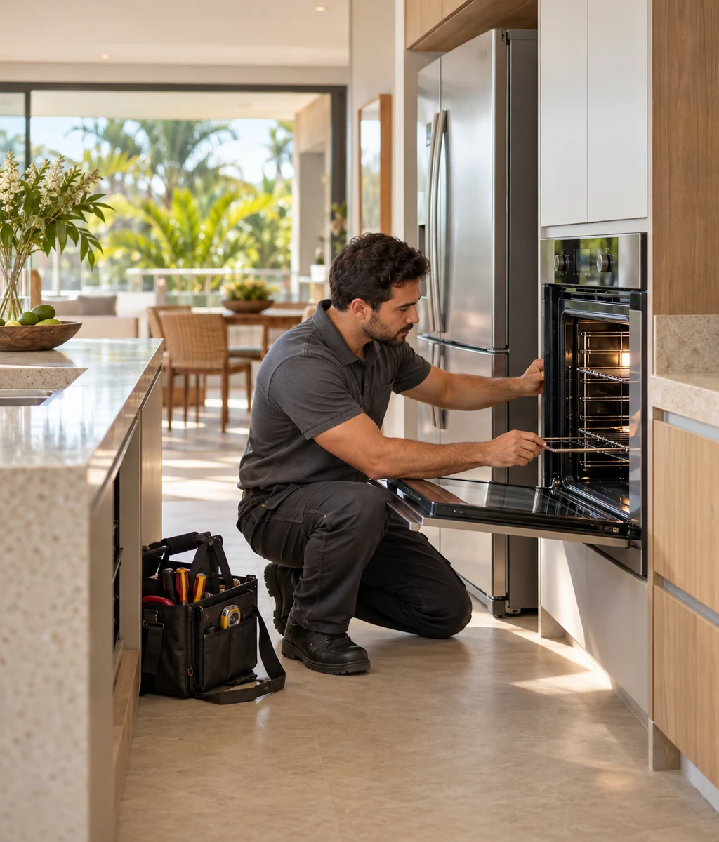 Técnico avaliando forno de embutir em cozinha residencial
