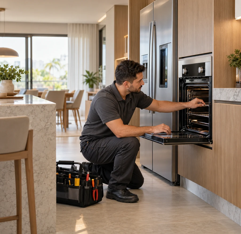 Técnico avaliando forno de embutir em cozinha residencial