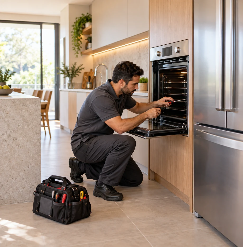 Técnico avaliando forno de embutir em cozinha residencial