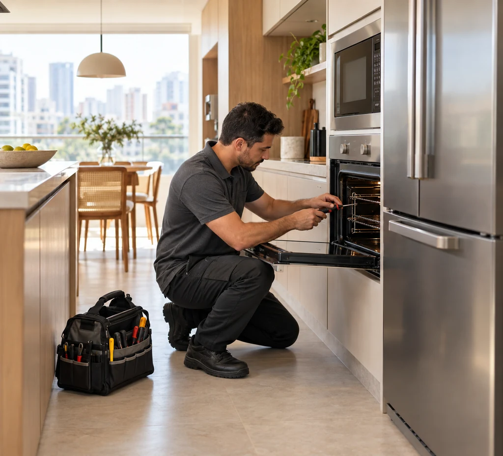 Técnico avaliando forno de embutir em cozinha residencial