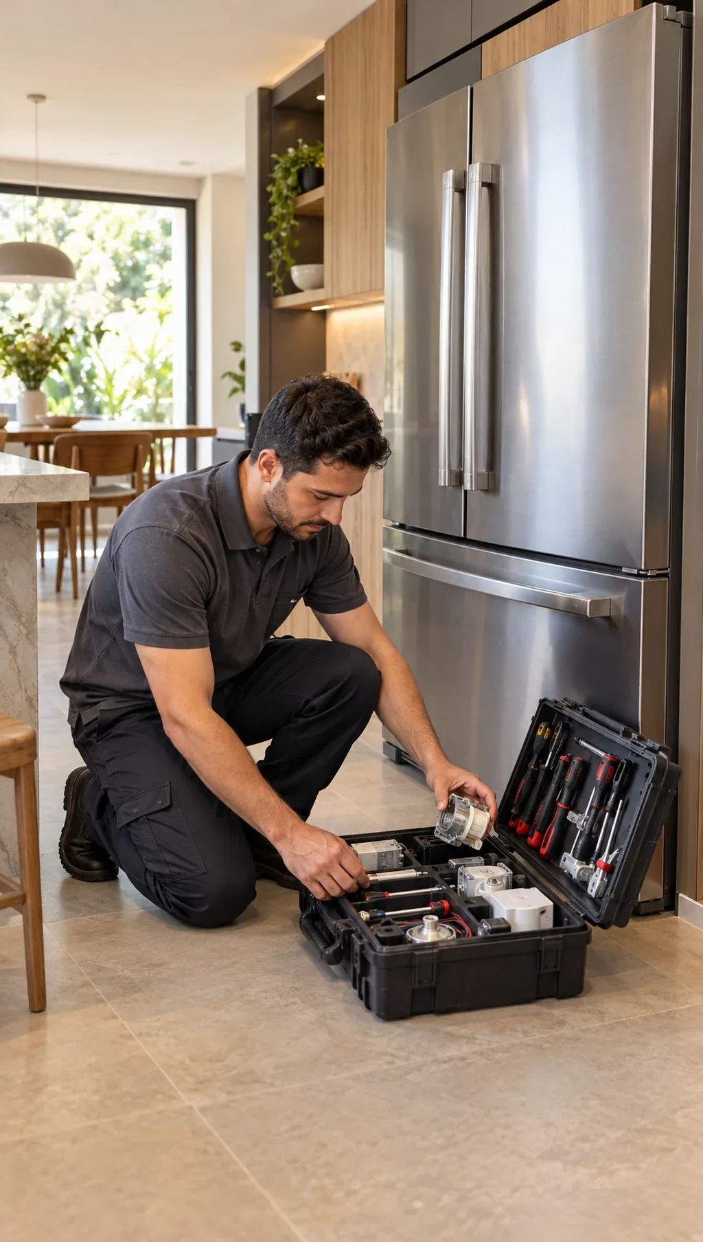 Técnico selecionando uma peça na maleta ao lado de refrigerador
