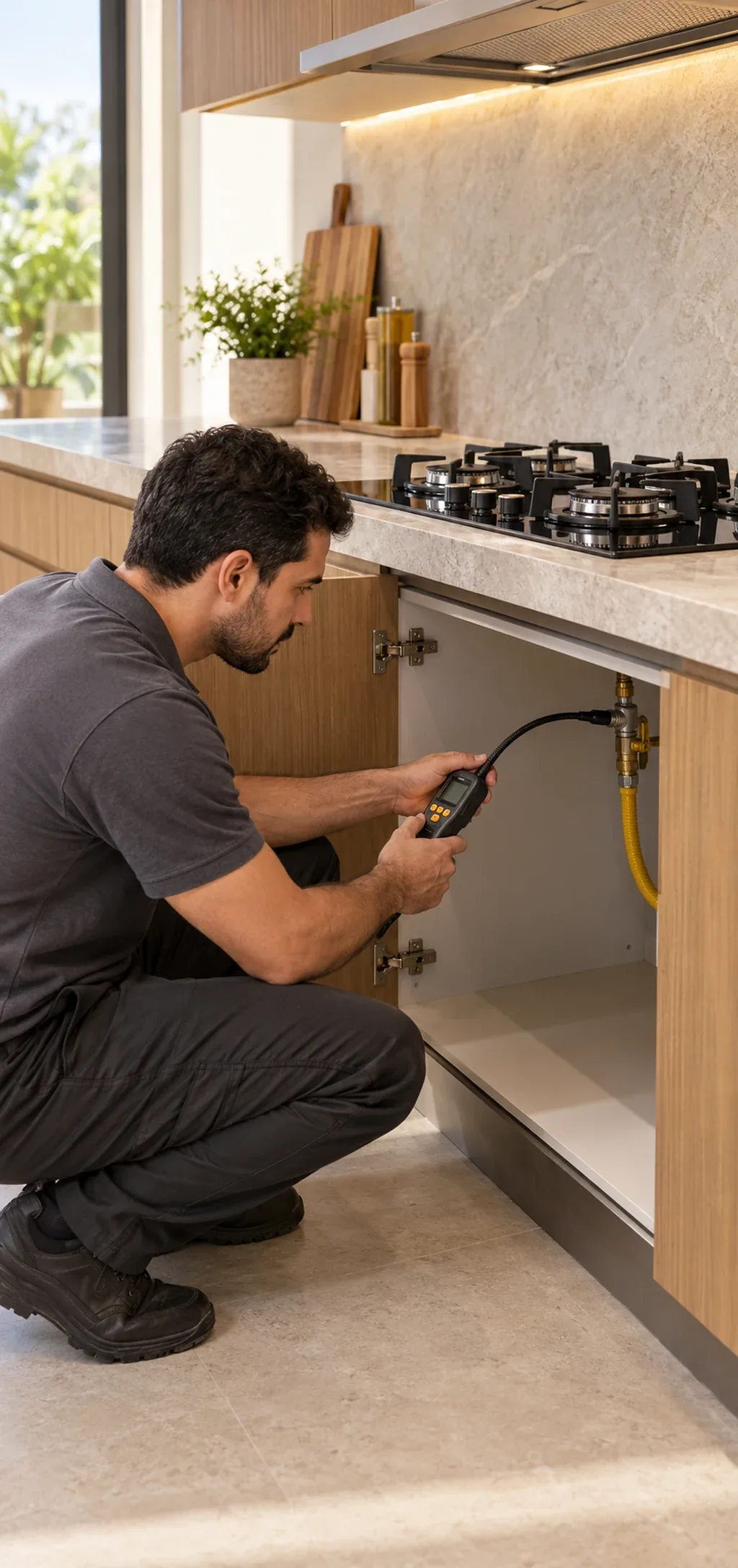 Técnico verificando a conexão de gás sob o cooktop com detector